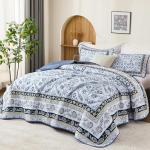 Navy Blue Floral Queen Quilt Set with Pillowcases