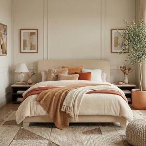 Beige Upholstered Full Bed Frame with Adjustable Headboard