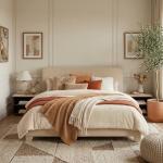 Beige Upholstered Full Bed Frame with Adjustable Headboard