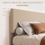 Beige Upholstered Full Bed Frame with Adjustable Headboard