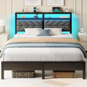 Queen Size Bed Frame with Charging Station and Storage