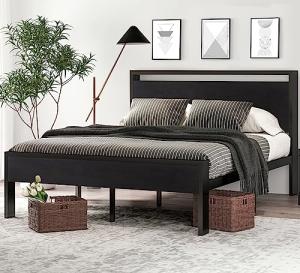 Queen Metal Platform Bed Frame with Wooden Headboard