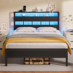 Full Size Bed Frame with LED Lights and Storage