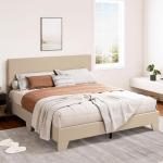 Beige Upholstered Queen Bed Frame with Headboard