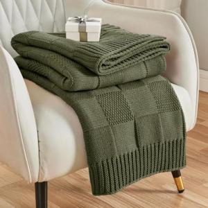 Olive Green Checkered Knit Throw Blanket, 60"x80