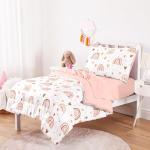 Wake In Cloud - Toddler Bedding Set for Girls, Dreamy Cute Rainbow Heart, 4 Pieces Soft Crib Bed Set Including Comforter, Sheets and Pillowcase, White Pink