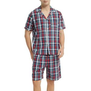 Vulcanodon Mens Cotton Pajama Set Short Sleeve, Button Down Pajama Set for Men Lightweight Men's Sleepwear(Red-Blue Plaid,L)