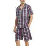 Vulcanodon Mens Cotton Pajama Set Short Sleeve, Button Down Pajama Set for Men Lightweight Men's Sleepwear(Red-Blue Plaid,L)