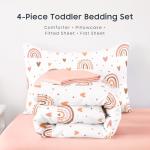 Wake In Cloud - Toddler Bedding Set for Girls, Dreamy Cute Rainbow Heart, 4 Pieces Soft Crib Bed Set Including Comforter, Sheets and Pillowcase, White Pink
