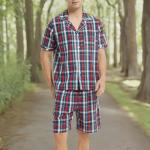 Vulcanodon Mens Cotton Pajama Set Short Sleeve, Button Down Pajama Set for Men Lightweight Men's Sleepwear(Red-Blue Plaid,L)