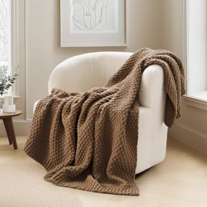 EVERGRACEHOME Chunky Chenille Knit Throw Blanket for Couch, Soft Luxurious Moss Stitch Blankets for Bed, Cozy Decorative Farmhouse Knitted Throws for Sofa, Camel Brown, 50" x 60"