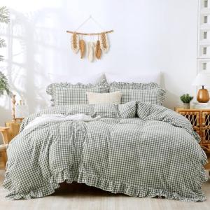 ATsense Green Gingham Duvet Cover Bedding Set 100% Washed Cotton Like Linen Feel Soft Breathable 3 Pcs Plaid Checkered Cute Ruffle Comforter Cover Set (Queen 90"x90", No Comforter)