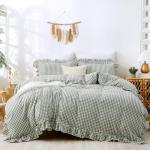 ATsense Green Gingham Duvet Cover Bedding Set 100% Washed Cotton Like Linen Feel Soft Breathable 3 Pcs Plaid Checkered Cute Ruffle Comforter Cover Set (Queen 90"x90", No Comforter)