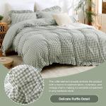 ATsense Green Gingham Duvet Cover Bedding Set 100% Washed Cotton Like Linen Feel Soft Breathable 3 Pcs Plaid Checkered Cute Ruffle Comforter Cover Set (Queen 90"x90", No Comforter)