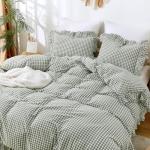 ATsense Green Gingham Duvet Cover Bedding Set 100% Washed Cotton Like Linen Feel Soft Breathable 3 Pcs Plaid Checkered Cute Ruffle Comforter Cover Set (Queen 90"x90", No Comforter)