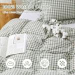ATsense Green Gingham Duvet Cover Bedding Set 100% Washed Cotton Like Linen Feel Soft Breathable 3 Pcs Plaid Checkered Cute Ruffle Comforter Cover Set (Queen 90"x90", No Comforter)