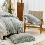 ATsense Green Gingham Duvet Cover Bedding Set 100% Washed Cotton Like Linen Feel Soft Breathable 3 Pcs Plaid Checkered Cute Ruffle Comforter Cover Set (Queen 90"x90", No Comforter)