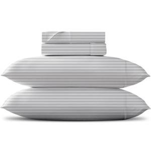 TEXAS LINEN CO. Luxury Egyptian Cotton Queen Stripe Sheet Set, 600 Thread Count Extra Long Staple 4 PC Set, Queen White Damask Sheets, Soft, Cooling Sateen Weave Sheets Upto 18 in Deep Pocket