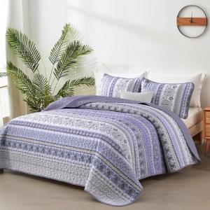 Goodidea Lilac Boho Quilt Set Queen Size, 3 Piece Light Purple Bohemian Striped Bedspread Coverlet Set with 2 Pillow Cases Lightweight Soft Microfiber Bedding Set for All Seasons (96"x90")