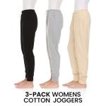 Essential Elements 3 Pack: Womens Cotton Joggers - 100% Cotton Lounge Athletic Casual Sleep Casual Pajama PJ Pants Sweatpants (Set G, Small)