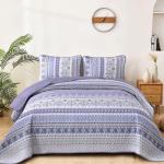 Goodidea Lilac Boho Quilt Set Queen Size, 3 Piece Light Purple Bohemian Striped Bedspread Coverlet Set with 2 Pillow Cases Lightweight Soft Microfiber Bedding Set for All Seasons (96"x90")