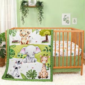 FIGEPO Baby Crib Bedding Set Safari Neutral Crib Nursery Comforter Bed Sets Decor with Fitted Crib Sheet, Comforter and Bed Skirt for Unisex Boys Girls (Safari)