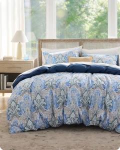 Bedsure Duvet Cover Queen Size - 100% Cotton Reversible Classic Paisley Damask Pattern Duvet Cover Set, 3 Pieces Soft & Breathable PureWoven Bedding Set with 2 Pillow Shams (Blue Paisley 104"x90")