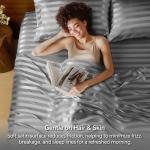 BEDELITE Satin Sheets Queen Size, Luxury Jacquard Striped Dark Grey Bedsheets with Elastic Corner Straps, Similar to Silk Sheets Set 4 PC with 1 Deep Pocket Fitted Sheet, 1 Flat Sheet, & 2 Pillowcases