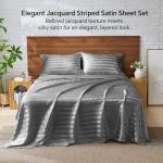 BEDELITE Satin Sheets Queen Size, Luxury Jacquard Striped Dark Grey Bedsheets with Elastic Corner Straps, Similar to Silk Sheets Set 4 PC with 1 Deep Pocket Fitted Sheet, 1 Flat Sheet, & 2 Pillowcases