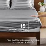 BEDELITE Satin Sheets Queen Size, Luxury Jacquard Striped Dark Grey Bedsheets with Elastic Corner Straps, Similar to Silk Sheets Set 4 PC with 1 Deep Pocket Fitted Sheet, 1 Flat Sheet, & 2 Pillowcases
