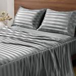 BEDELITE Satin Sheets Queen Size, Luxury Jacquard Striped Dark Grey Bedsheets with Elastic Corner Straps, Similar to Silk Sheets Set 4 PC with 1 Deep Pocket Fitted Sheet, 1 Flat Sheet, & 2 Pillowcases