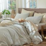 MooMee Striped Duvet Cover Set 100% Washed Cotton Linen Like Textured Breathable Durable Soft Comfy (Sage Green White Classic Stripes, Queen 90"x90")