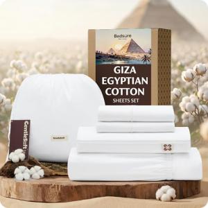 Bedsure 100% Giza Egyptian Cotton Sheets King Size - CEA Certified Silky Luxury Hotel Sheets 18 Inches Deep Pocket with Corner Straps, PureWoven Soft & Beathable Sateen Weave Bedsheets (White, King)