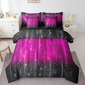 Black and Hot Pink Bedding Comforter Sets 7 Pieces Aesthetic Gradient Bed in a Bag, Glitter Stars Full Bedding Sets Modern Glowing Ombre Comforter Set, Abstract Neon Lights Bedding Sets & Collections