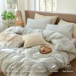 MooMee Striped Duvet Cover Set 100% Washed Cotton Linen Like Textured Breathable Durable Soft Comfy (Sage Green White Classic Stripes, Queen 90"x90")