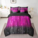 Black and Hot Pink Bedding Comforter Sets 7 Pieces Aesthetic Gradient Bed in a Bag, Glitter Stars Full Bedding Sets Modern Glowing Ombre Comforter Set, Abstract Neon Lights Bedding Sets & Collections