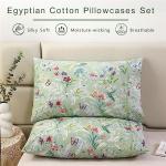 URBONUR 100% Cotton Pillowcases Set of 2 Queen Size Floral Printed Butterfly Pillow Cases Soft Breathable Cooling Pillowcase Decorative Pillow Cover (Queen, 20x30 Inches, Green Flowers)