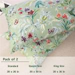URBONUR 100% Cotton Pillowcases Set of 2 Queen Size Floral Printed Butterfly Pillow Cases Soft Breathable Cooling Pillowcase Decorative Pillow Cover (Queen, 20x30 Inches, Green Flowers)