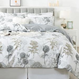 FADFAY Floral Duvet Cover Sets King/Cal King 100% Cotton Ink Grey Vintage Flower Patterned Hydrangea Comforter Cover Farmhouse Bedding for All Season Soft Crisp Luxury Bed Cover with Zipper 3 Pieces