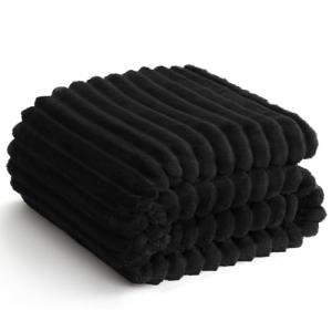 HIMEET Black Ribbed Throw Blanket for Couch - 300GSM Lightweight Soft Fleece Blanket for Women Men, Cozy Blankets for Mothers Gifts, Striped Spring Home Room Decor, Black, 50x60 Inches
