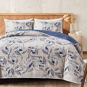 Joyreap 3 Pieces Microfiber Quilt Set, Botanical Blue Leaves on Light Gray Reversible Design, Bedspread Bed Cover for All Season, 1 Quilt and 2 Pillow Shams (Full/Queen, 90x90 inches)