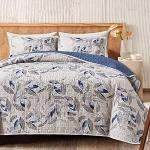 Joyreap 3 Pieces Microfiber Quilt Set, Botanical Blue Leaves on Light Gray Reversible Design, Bedspread Bed Cover for All Season, 1 Quilt and 2 Pillow Shams (Full/Queen, 90x90 inches)