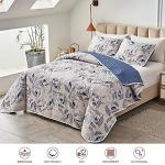Joyreap 3 Pieces Microfiber Quilt Set, Botanical Blue Leaves on Light Gray Reversible Design, Bedspread Bed Cover for All Season, 1 Quilt and 2 Pillow Shams (Full/Queen, 90x90 inches)