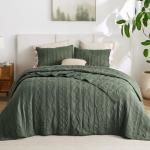 Bedsure 100% Cotton Quilt Set - Queen Size Bedspread, Lightweight Soft Bed Coverlet, PureWoven, 3-Piece Cozy Stitching Quilt Set with 2 Pillow Shams in Geometric Pattern, 90x96, Olive Green