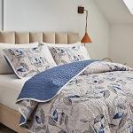 Joyreap 3 Pieces Microfiber Quilt Set, Botanical Blue Leaves on Light Gray Reversible Design, Bedspread Bed Cover for All Season, 1 Quilt and 2 Pillow Shams (Full/Queen, 90x90 inches)