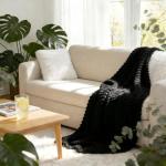 HIMEET Black Ribbed Throw Blanket for Couch - 300GSM Lightweight Soft Fleece Blanket for Women Men, Cozy Blankets for Mothers Gifts, Striped Spring Home Room Decor, Black, 50x60 Inches