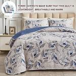 Joyreap 3 Pieces Microfiber Quilt Set, Botanical Blue Leaves on Light Gray Reversible Design, Bedspread Bed Cover for All Season, 1 Quilt and 2 Pillow Shams (Full/Queen, 90x90 inches)