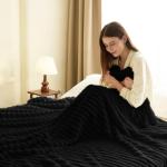 HIMEET Black Ribbed Throw Blanket for Couch - 300GSM Lightweight Soft Fleece Blanket for Women Men, Cozy Blankets for Mothers Gifts, Striped Spring Home Room Decor, Black, 50x60 Inches