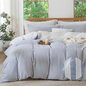 MILDLY Blue Striped Duvet Cover - 100% Washed Cotton Jacquard Boho Textured Comforter Cover 3pcs with Zipper Closure 90"x90"