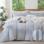 MILDLY Blue Striped Duvet Cover - 100% Washed Cotton Jacquard Boho Textured Comforter Cover 3pcs with Zipper Closure 90"x90"